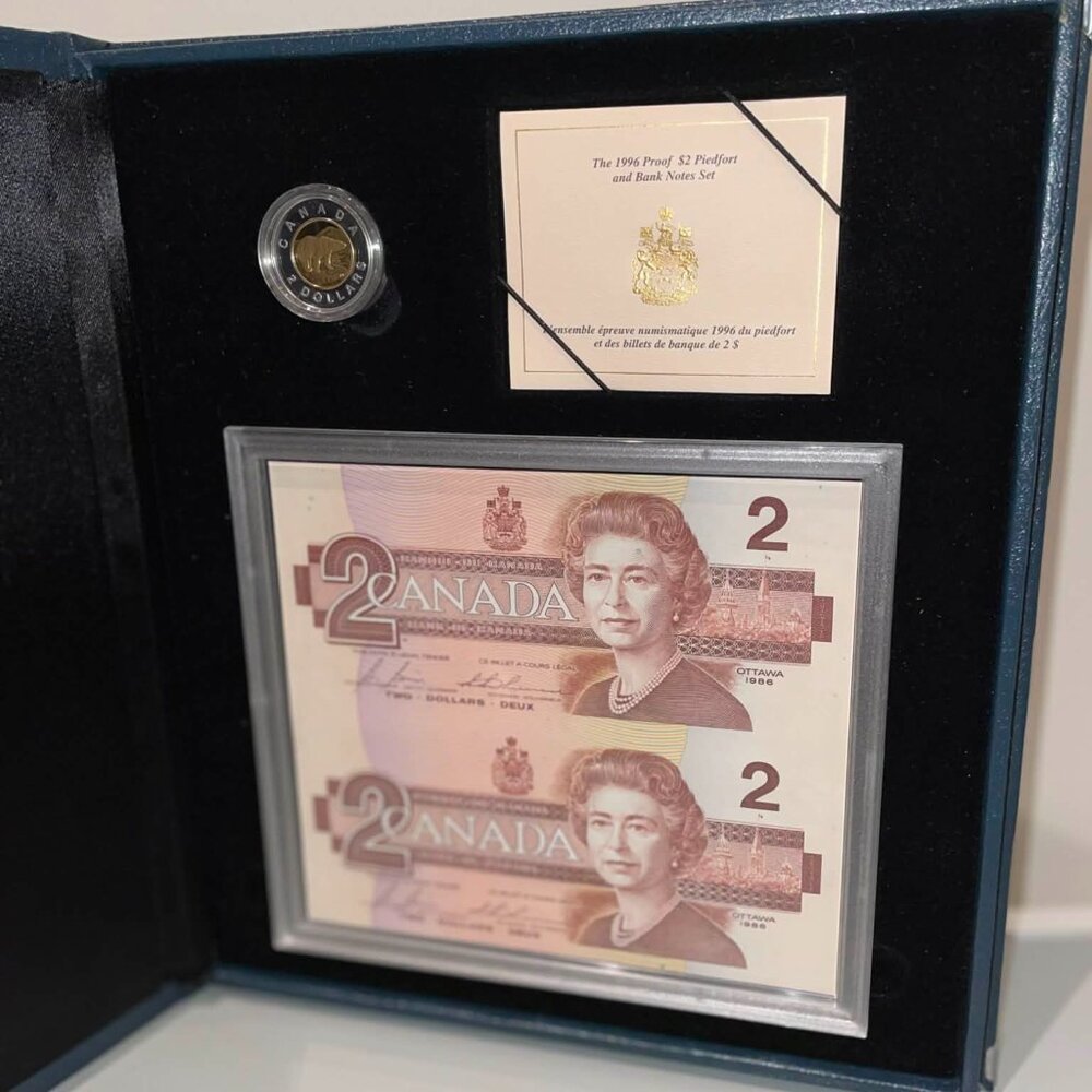RCM 1996 Canadian 2 Dollar Piedfort Silver Coin and BRX Banknote Special Ed. Set